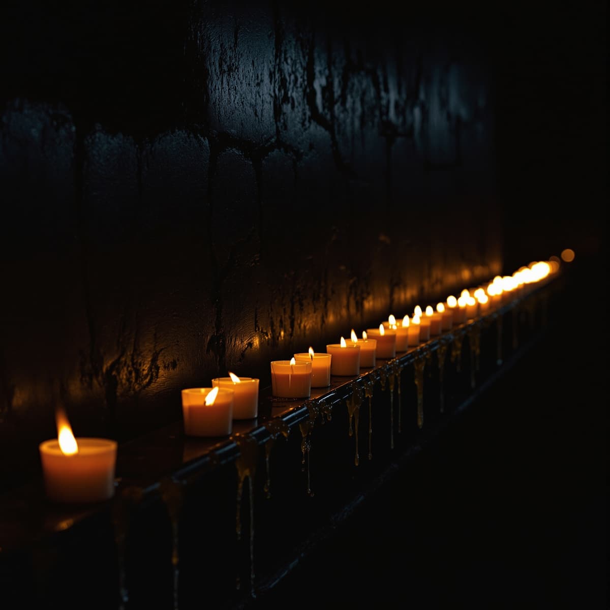 A blackened steel rail holding dozens of lit votive candles against a dark plaster wall