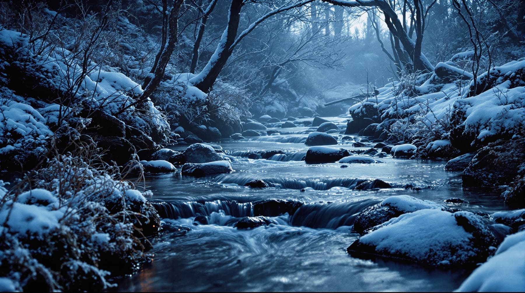 A black mountain creek running over frosted stones at blue hour in deep winter