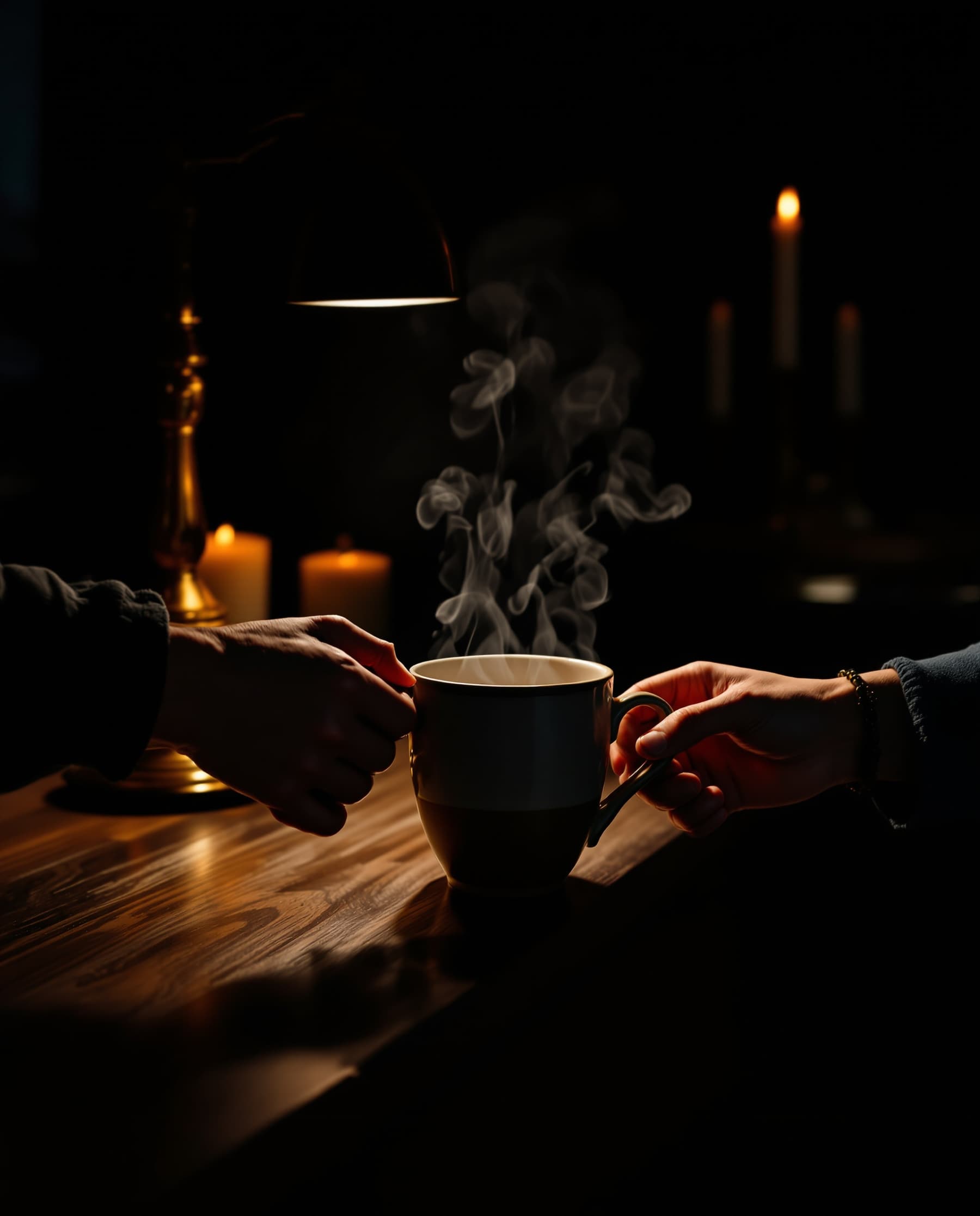 Two hands passing a steaming mug across a candlelit counter