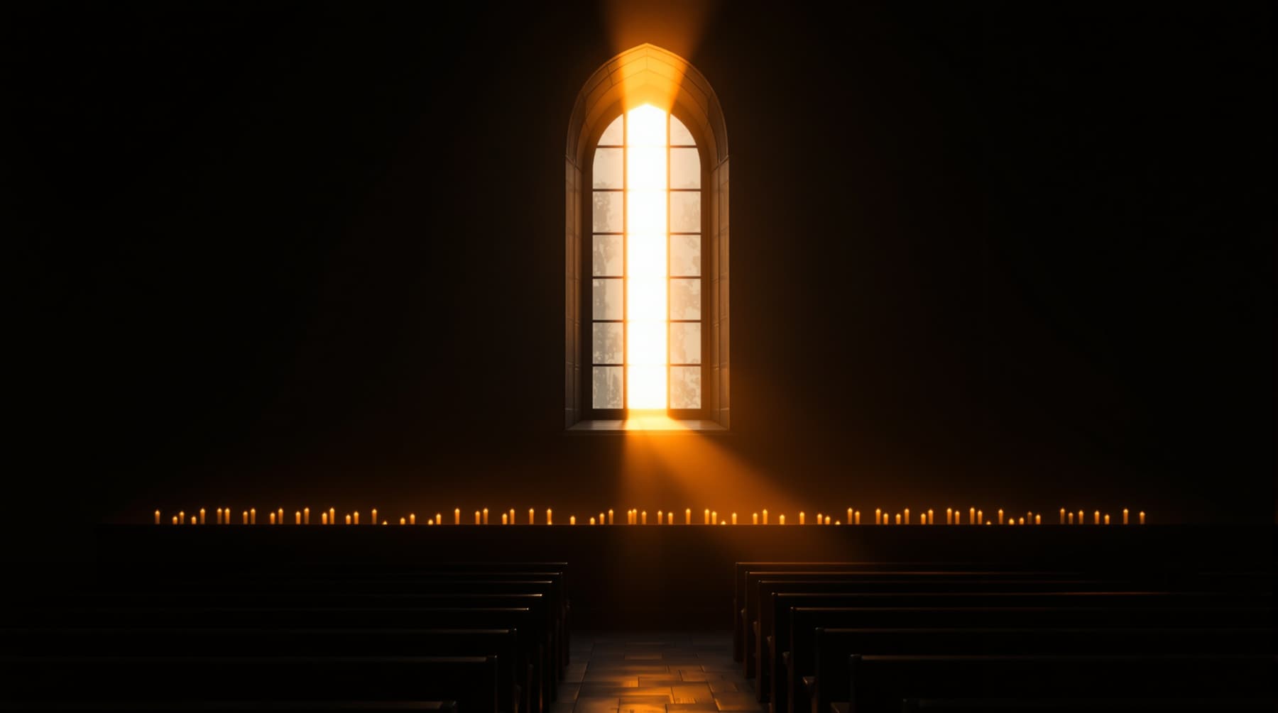 A blade of amber light falling across empty benches and a rail of lit candles inside the sanctuary