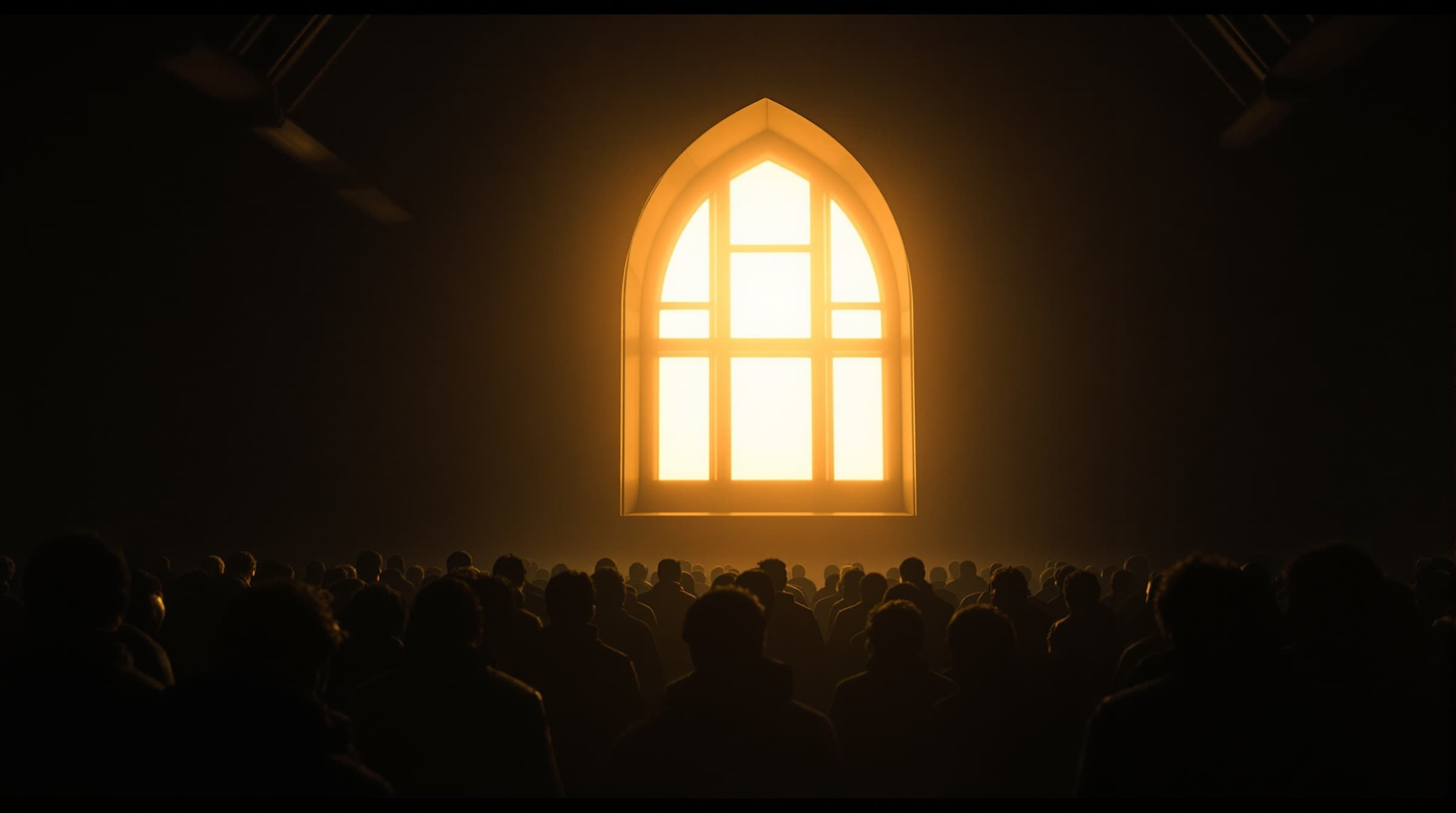 Silhouetted people gathered before a blazing arched window at morning prayer