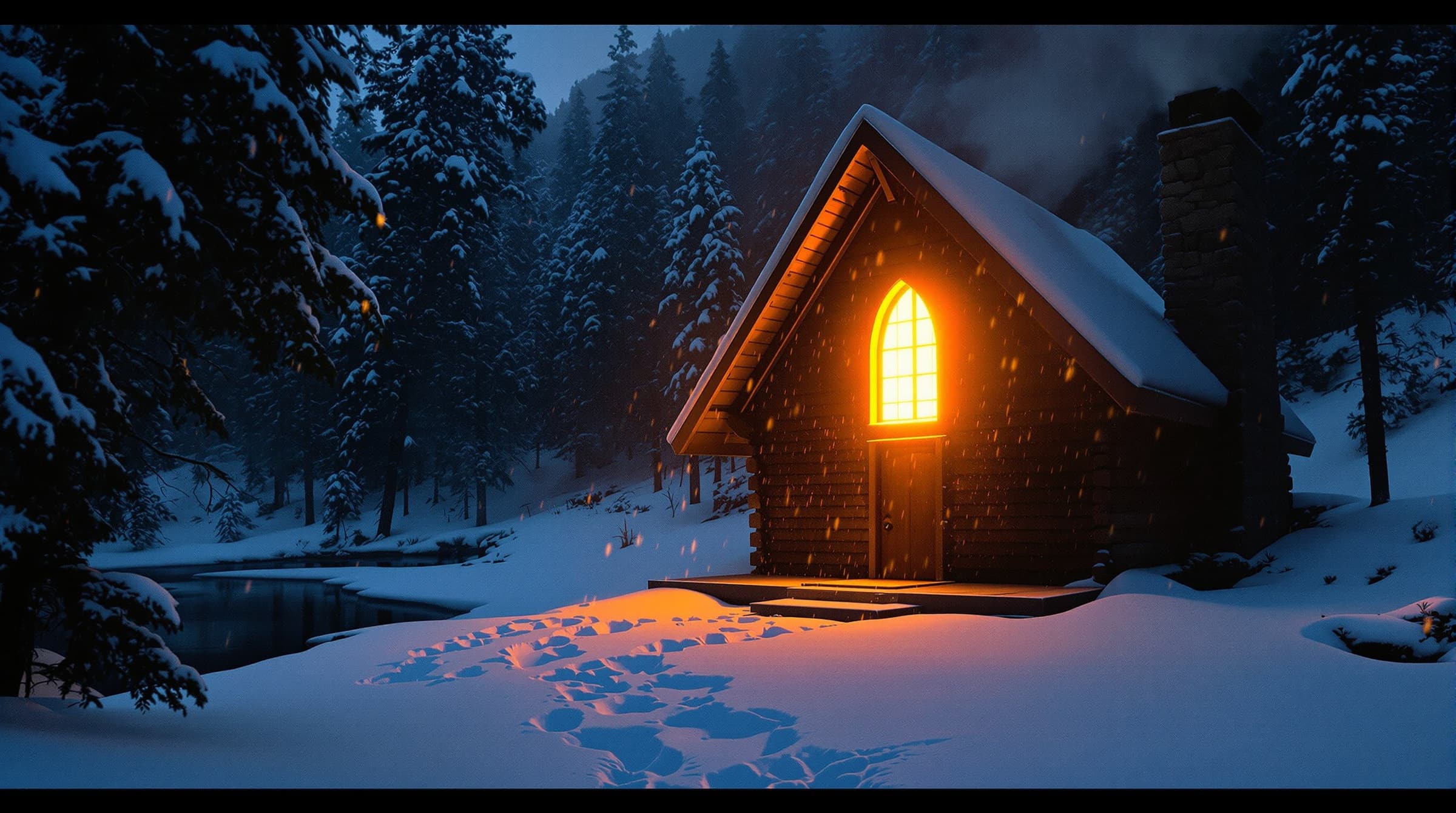 Hallelujah House at night in falling snow, one arched window burning amber, footprints in the snow leading to the door